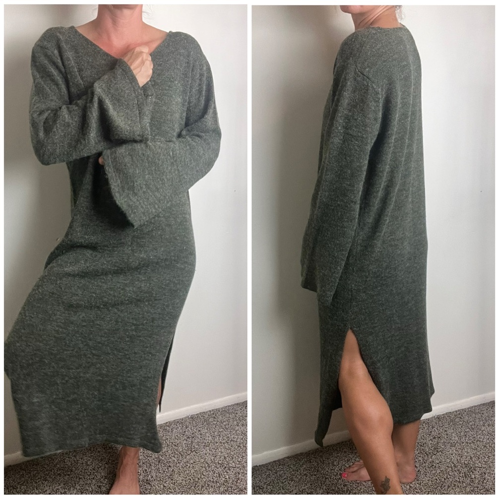 To The Sea Green Sweater Knit Maxi Dress Wool Blend Free Size